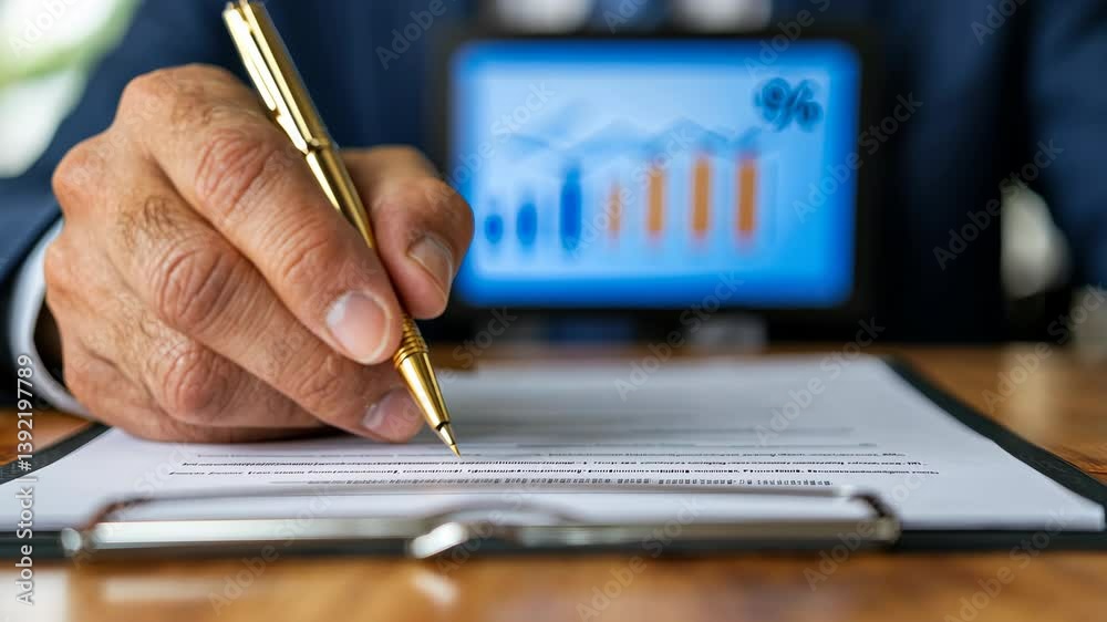 Businessman Signing Document with Pen While Analyzing Financial Graphs and Data
