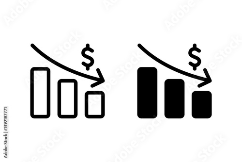 Bar graph with a downward trend and dollar sign, representing financial loss, economic downturn, or decrease in profit. Isolated on white background