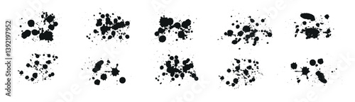 A collection of six black paint splatters on a white background, showcasing various shapes and sizes, ideal for creative design projects, vector illustration