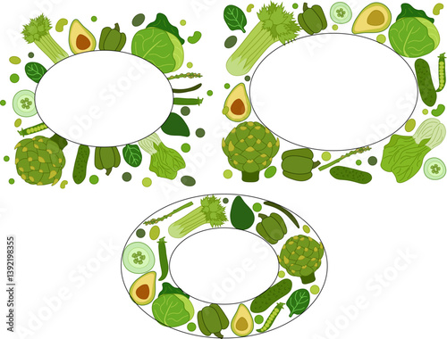 Green vegetables oval rectangle  frame set, boxing, bordering. card template. Text, copy space. vector flat Spinach, Dandelion, broccoli, Collard for cooking bakery labels textile tags