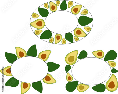 Avocado oval rectangle Frame set. Vector flat Avocado Background with Space for Text. Ideal for menu, package, cosmetic, textile, cards Eat green