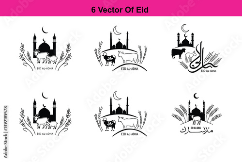 Eid Al-Adha Silhouette Greeting with Crescent Moon, Mosque, Eid alAdha Sheep Vector Illustration Art Collection