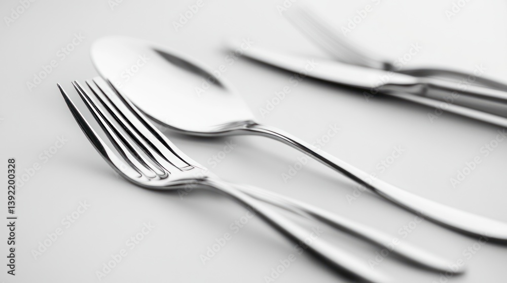 Stainless steel cutlery set on white surface Stainless steel cutlery set on white surface