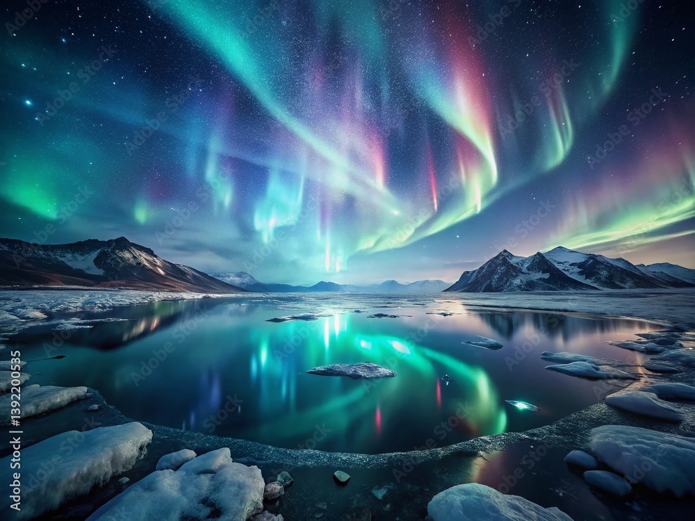 Drone View: Aurora Borealis Dancing Over a Frozen Lake at Night Drone View: Aurora Borealis Dancing Over a Frozen Lake at Night