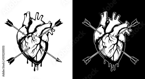 Pierced anatomical heart vintage tattoo style, black white, representing love pain sacrifice heartbreak against white background