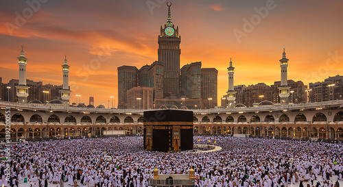 Majestic Mecca at Sunset Kaaba Clock Tower Pilgrims Gathering