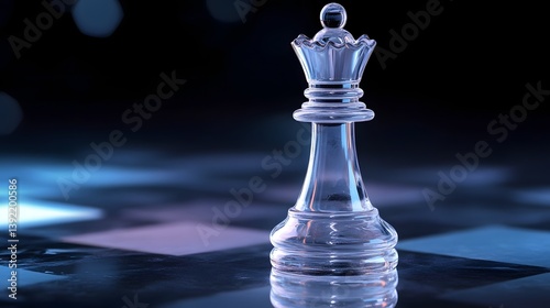 Glowing glass chess queen in a dark setting