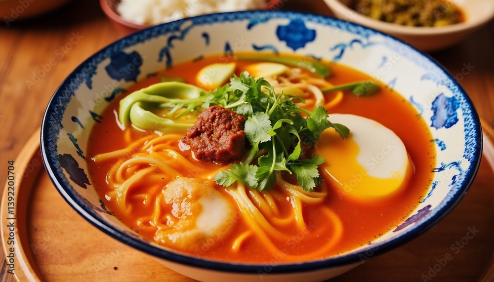Delicious Ramen Bowl With Egg And Bok Choy On A Wooden Tray Delicious Ramen Bowl With Egg And Bok Choy On A Wooden Tray