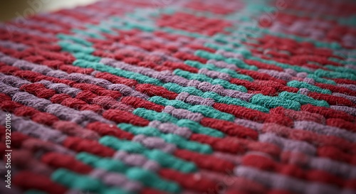 Woven Textile Close Up Red Pink Teal Texture. AI Generated