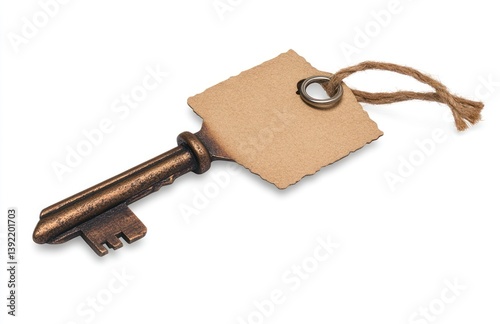 Antique key with blank tag on white background. Possible use Stock photo for real estate, keys, or security concepts photo