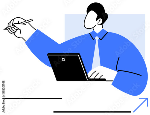 Person in formal attire writing with a pen while using a laptop, conveying productivity and focus. Ideal for efficiency, work, communication, analysis, organization, creativity ambition. Flat simple