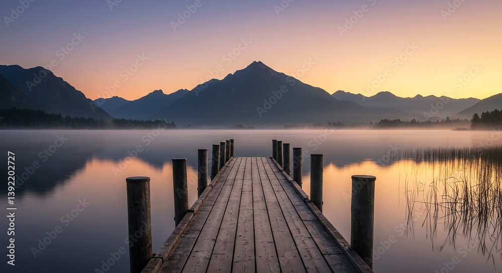Obraz premium Serene sunrise over misty lake wooden pier. AI Generated