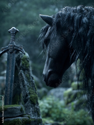 A magnificent warhorse, drenched in rain, stands bravely beside a fallen knight's lance - spear powerful noble