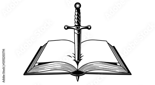 Sword piercing book illustration style, black white, representing knowledge power conflict