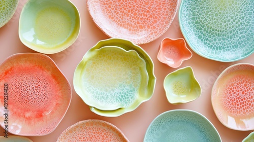 Colorful ceramic plates arranged aesthetically. photo