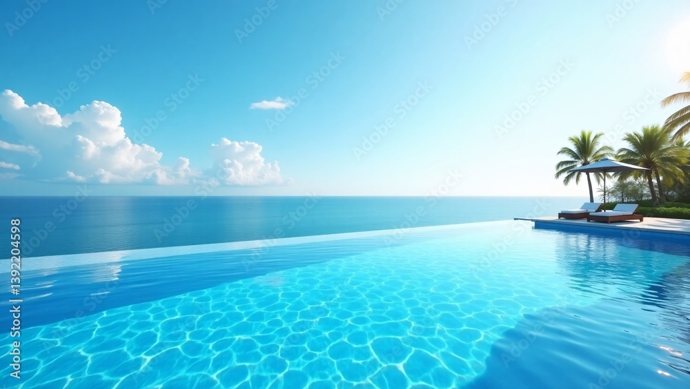 Sparkling blue infinity pool with ocean view, palm trees, and sun loungers under a clear sunny sky, evoking tropical luxury and relaxation Sparkling blue infinity pool with ocean view, palm trees, and sun loungers under a clear sunny sky, evoking tropical luxury and relaxation