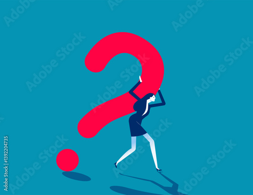 Problem solving, businessmen struggling to move huge question marks