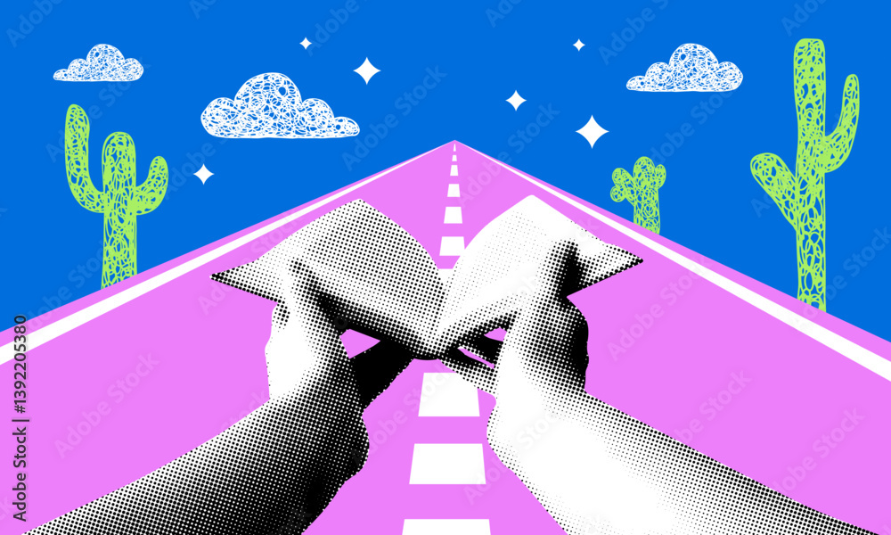 Fototapeta premium Concepts of creativity, learning, education and love of reading. Imagination while reading. Halftone hands holding a book against the backdrop of a surreal world. Modern collage