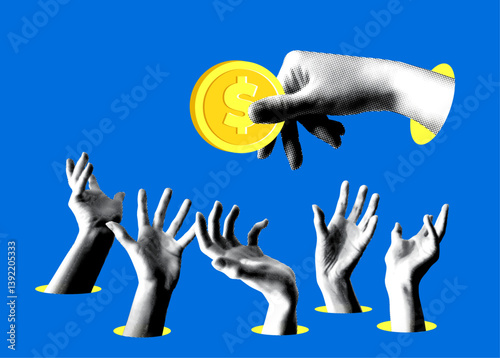 Contemporary collage of large halftone hand holding money in front of a crowd of poor people. Concept of poverty, power and people management. Low wages in third world countries