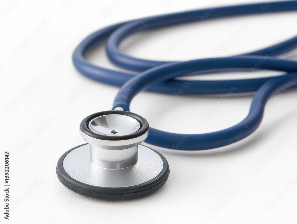 close up of blue stethoscope on white surface, symbolizing healthcare and medical tools close up of blue stethoscope on white surface, symbolizing healthcare and medical tools