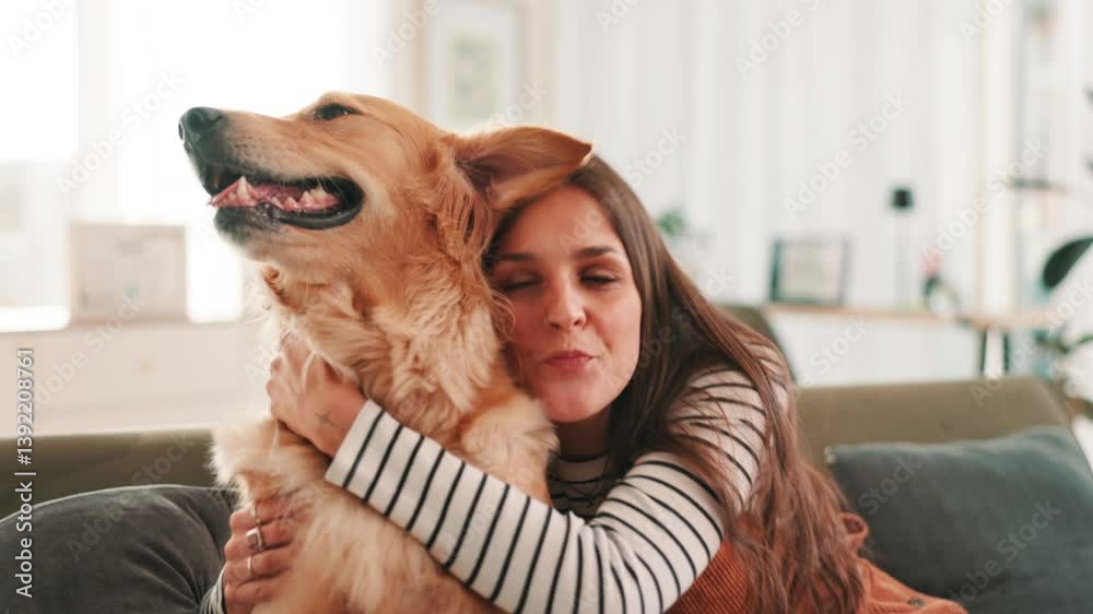 Hug, sofa and woman with dog in home for bonding, relaxing and playing together in living room. Pet owner, best friend and happy person with Golden Retriever on couch for affection, petting and love