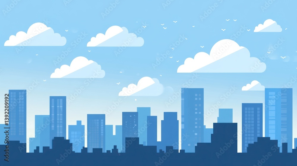 Cityscape, blue sky, clouds, birds, peaceful urban, background, design, illustration Cityscape, blue sky, clouds, birds, peaceful urban, background, design, illustration