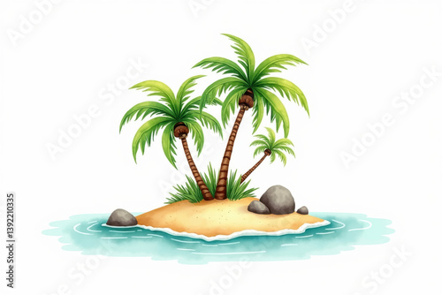 Tropical island watercolor illustration with palm trees, rocks, and turquoise water in a sunny paradise setting, perfect for summer designs, travel promotions, and vacation-related projects.