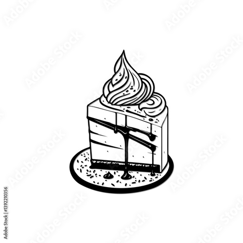 Illustrative dessert slice with stylized topping and chocolate drizzle in black outline