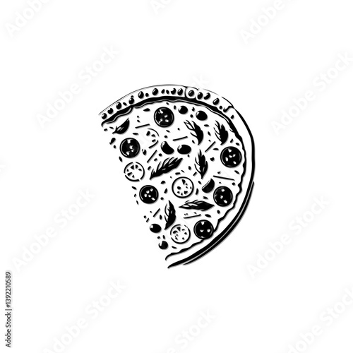 Stylized monochrome pizza slice illustration with varied toppings design