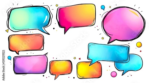 illustration featuring a dynamic arrangement of colorful speech bubbles 