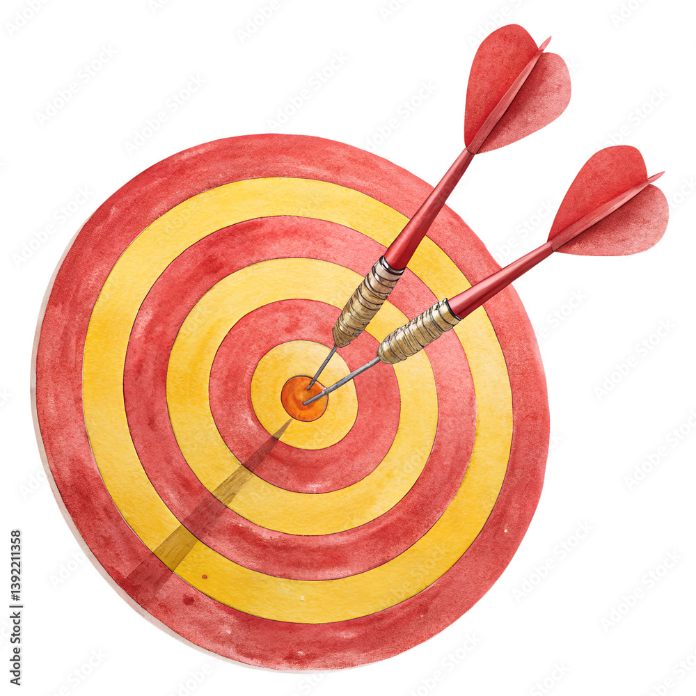 watercolor Bullseye with darts stuck in the center watercolor Bullseye with darts stuck in the center