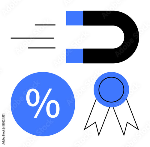 Horseshoe magnet demonstrating attraction, percentage symbol indicating discounts, and a ribbon representing awards or achievements. Ideal for marketing, customer retention, sales promotions, rewards