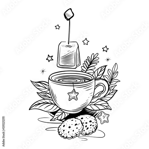 Teetasse mit Teebeutel, Sternen und Keksen. Earl Grey, Tea Time Vektor.