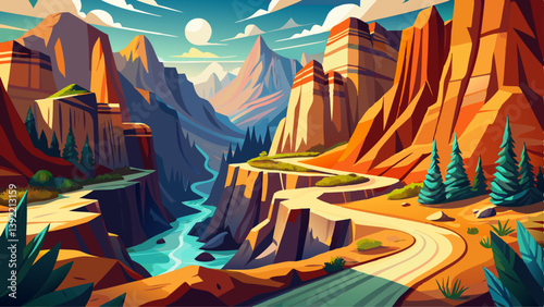 Canyon Adventure, Hiking trails winding through majestic canyon walls, capturing the spirit of exploration and adventure