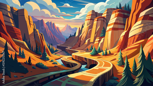Canyon Adventure, Hiking trails winding through majestic canyon walls, capturing the spirit of exploration and adventure