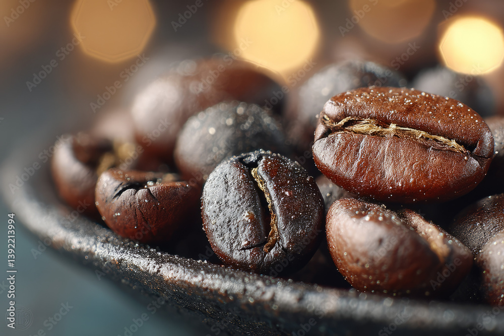 Obraz premium Intimate coffee scene with roasted beans glistening slightly inside a black dish, accompanied by