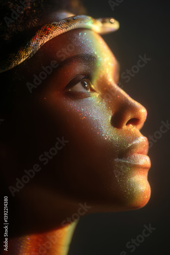 Ethereal image of a woman with a snake entwined in her hair, both bathed in a spectrum of colored