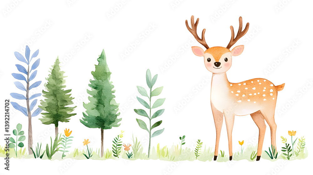 A watercolor cartoon frame with cute deer with copy space for text A watercolor cartoon frame with cute deer with copy space for text