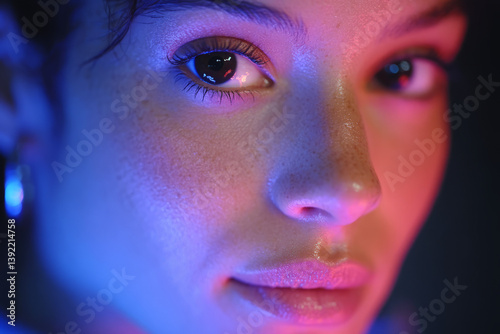 Close-up portrait of a woman with intense neon blue and pink lighting illuminating her face,