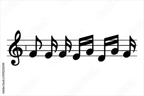 Musical notes, a vector illustration on a white sheet, depict melody and classical song elements with treble and bass clef symbols
