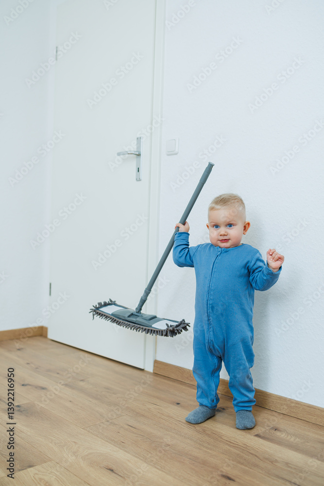 Toddler boy in blue romper cleans the room with a mop. Child washes the floor with a mop. Smiling boy runs around the house and cleans.