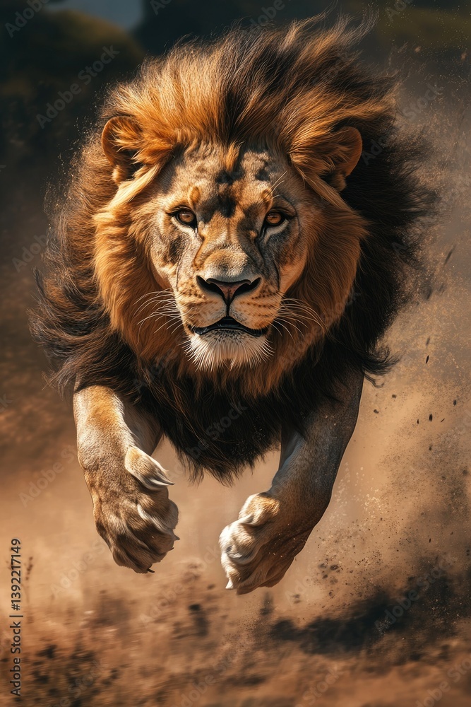 Obraz premium A majestic lion charging through tall golden grass in a vibrant savannah. capturing the essence of wildlife in motion under a bright blue sky. showcasing nature's raw beauty