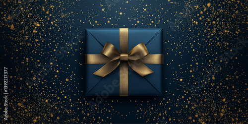 Blue gift box with gold ribbon bow and golden conetti on dark blue background, top view. Luxury Background for Greeting Card for Birthday, Anniversary, Fathers Day, Christmas, New Year