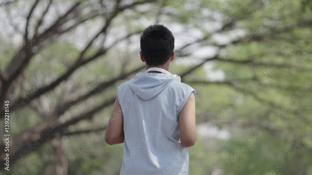 A boy is exercising in the garden and is refreshed. A boy is exercising in the garden and is refreshed.