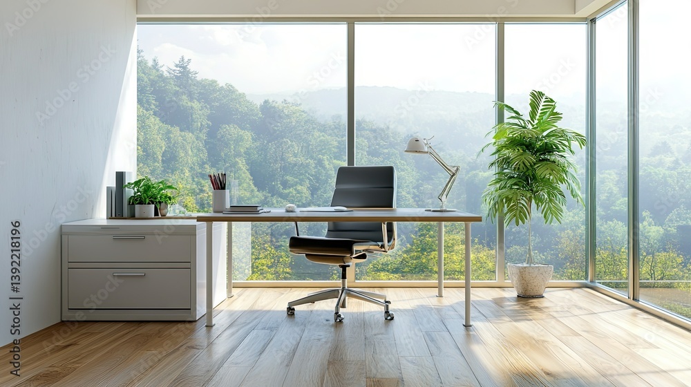 Fototapeta premium A minimalistic home office with a simple desk, ergonomic chair, and floor-to-ceiling windows. A single potted plant adds a touch of nature to the clean design.