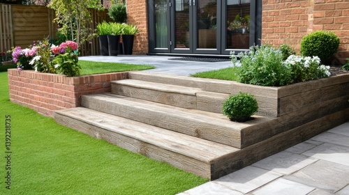 Fototapeta Naklejka Na Ścianę i Meble -  Wooden steps leading to a home with garden and plants visible