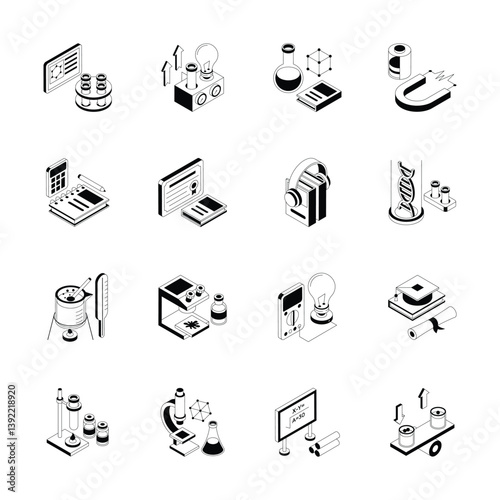 Check out premium pack depicting science research isometric icons