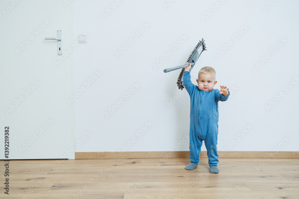 Blond toddler boy washes the floor with a mop, helping his mother clean at home, free space. Child learns to clean the house.