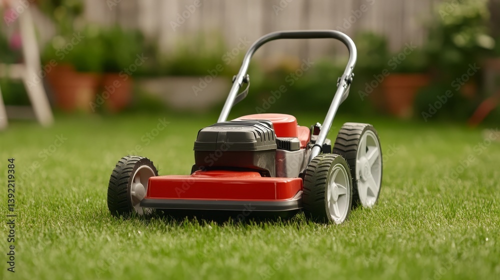 Red Lawn Mower on Lush Green Grass in Backyard Setting Perfect for Spring or Summer Red Lawn Mower on Lush Green Grass in Backyard Setting Perfect for Spring or Summer