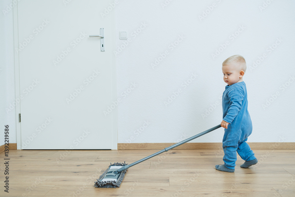 Blond toddler boy washes the floor with a mop, helping his mother clean at home, free space. Child learns to clean the house.